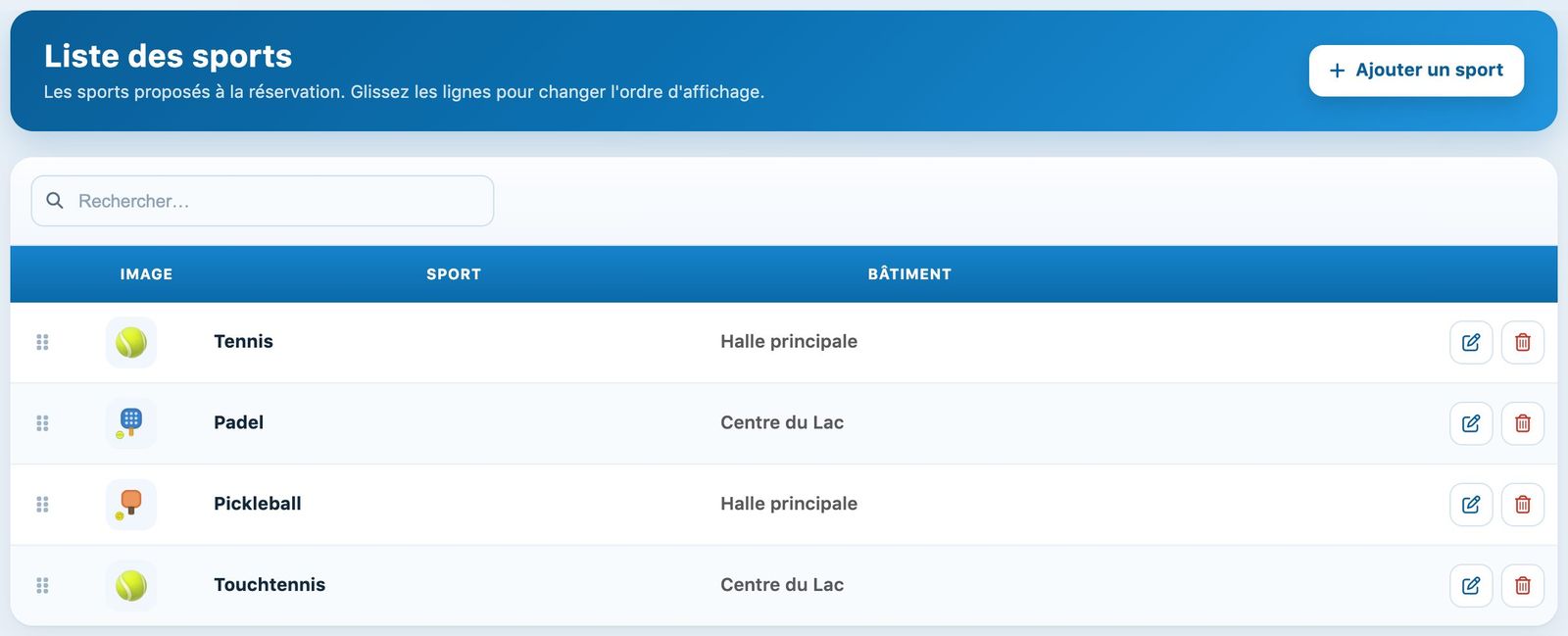 Liste des sports avec la colonne Bâtiment