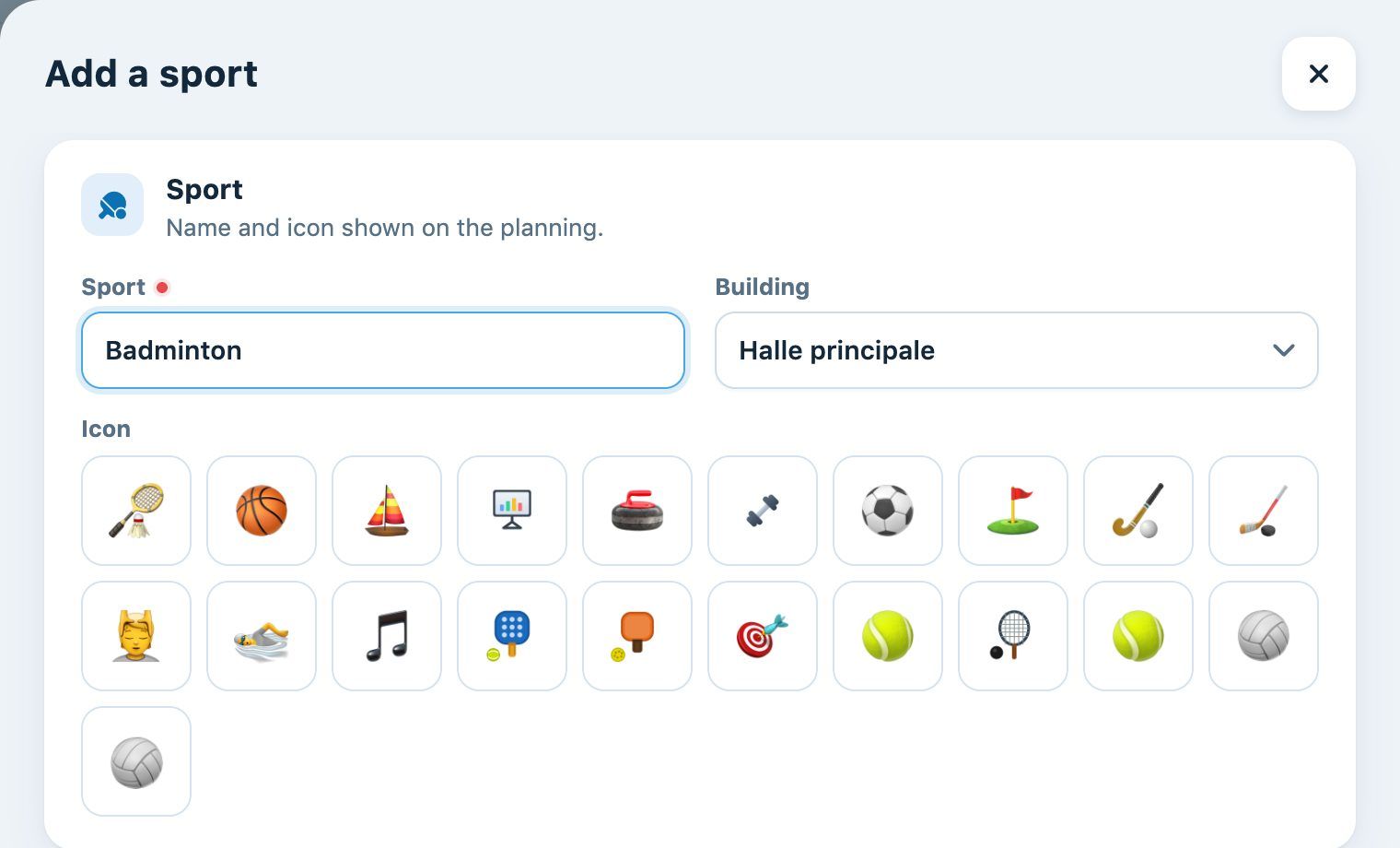 Building field in the panel for adding a sport