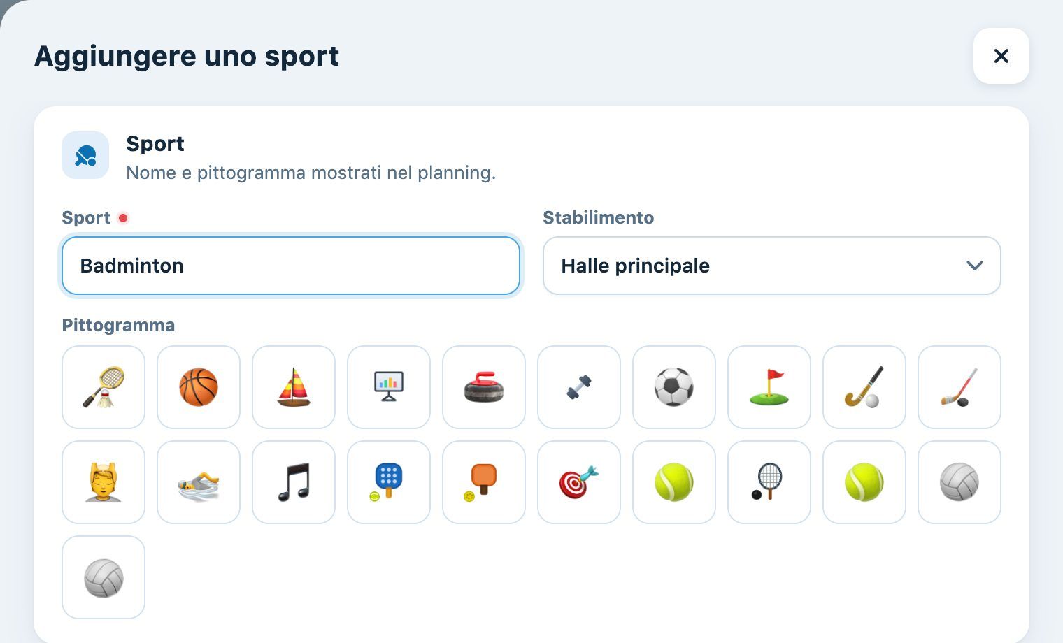 Campo Stabilimento nel pannello di aggiunta di uno sport