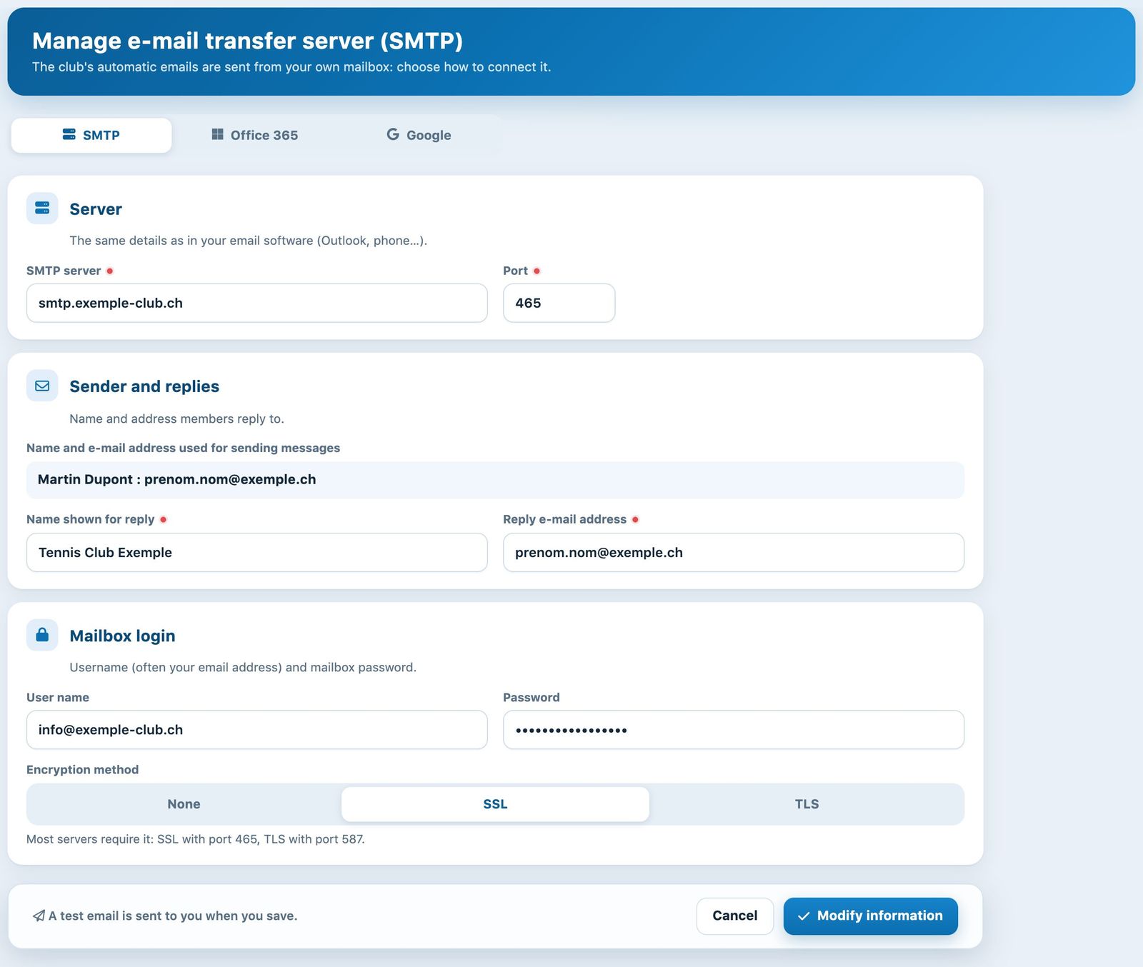 SMTP tab of the e-mail sending page