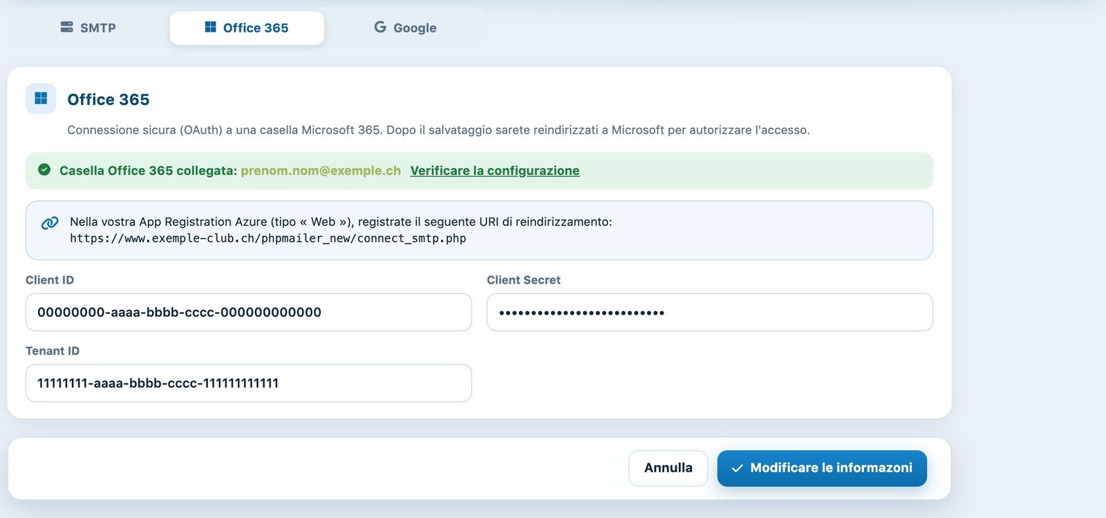 Scheda Office 365 con una casella collegata