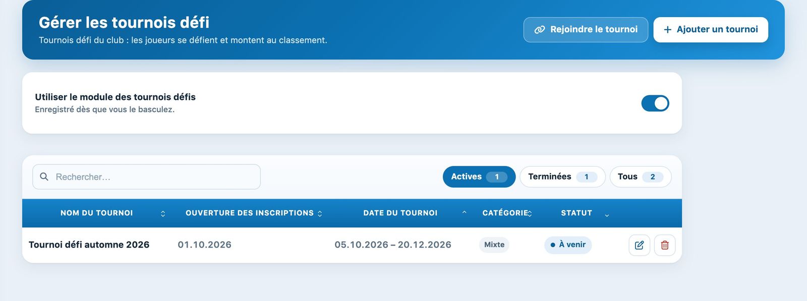 Liste des tournois défi