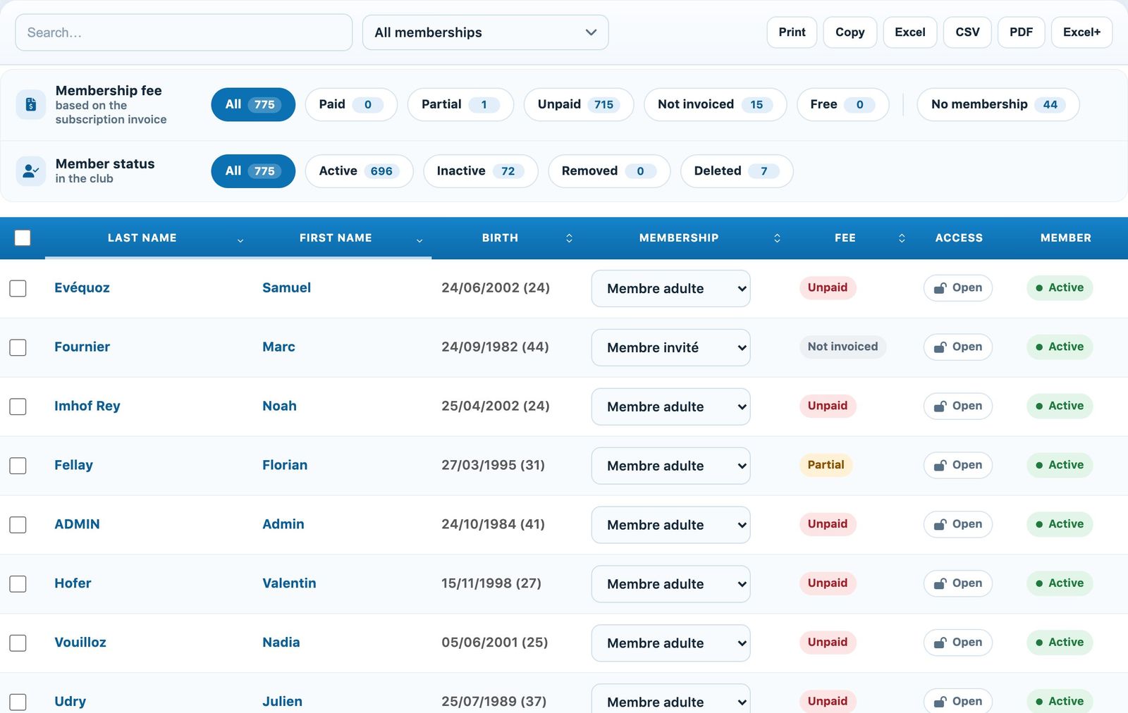 The filters and the list of memberships