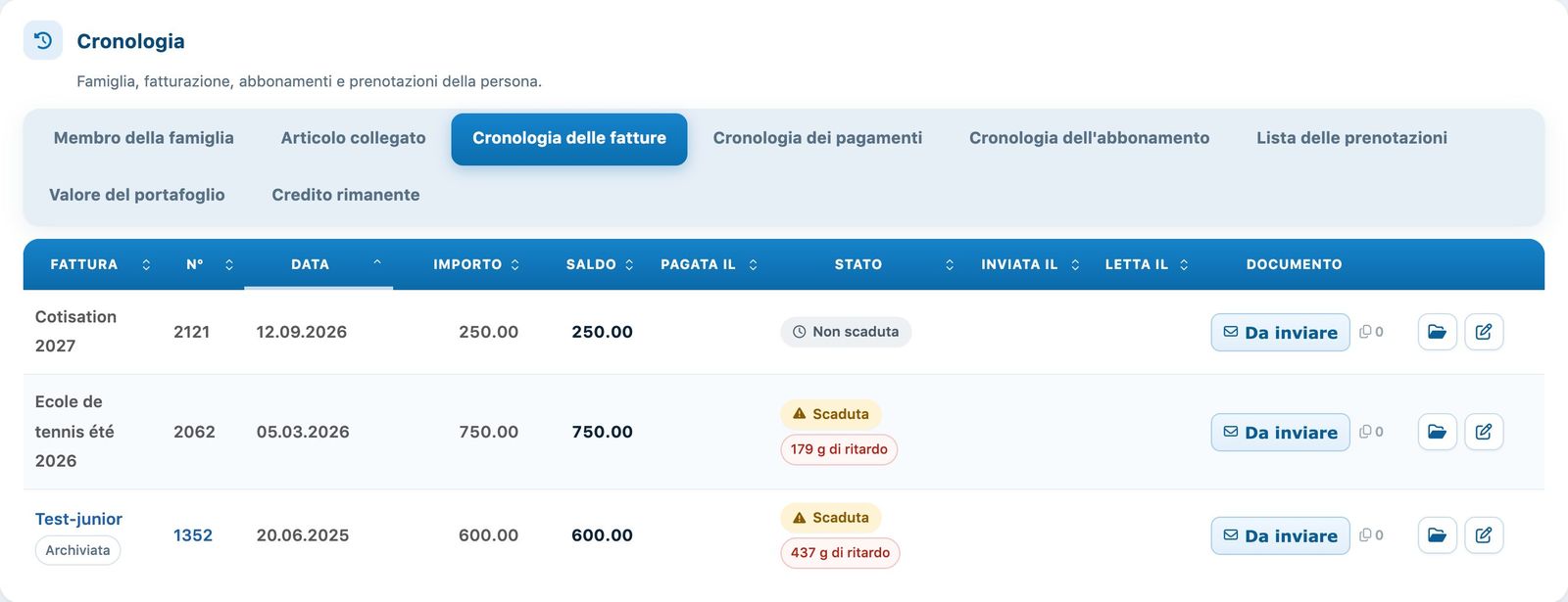La scheda Cronologia delle fatture
