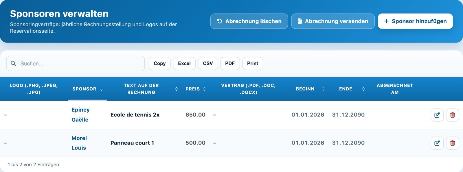 Die Liste der Sponsoren und die Verrechnungsschaltflächen