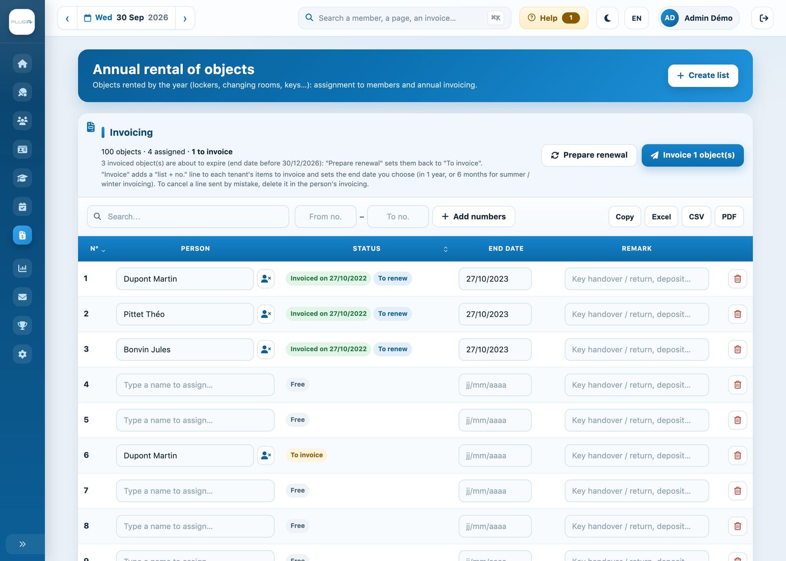 The list of lockers with the billing banner and the status of each object