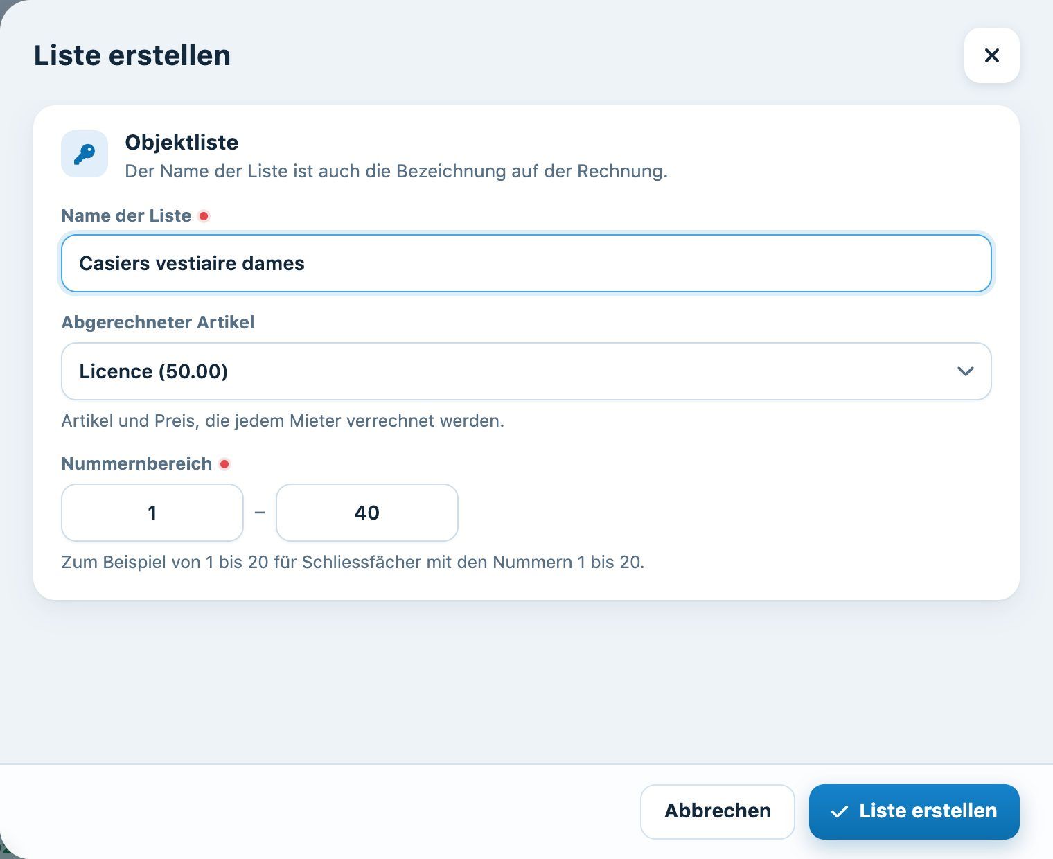 Das Panel «Liste erstellen»