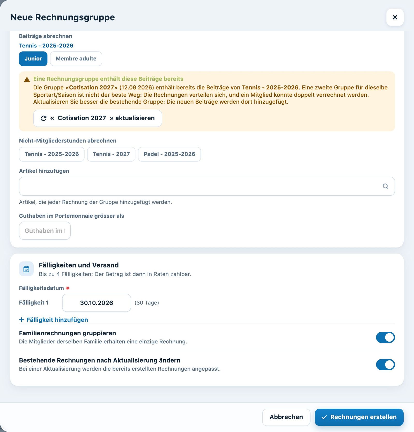 Die zu verrechnenden Beiträge im Panel «Neue Rechnungsgruppe»