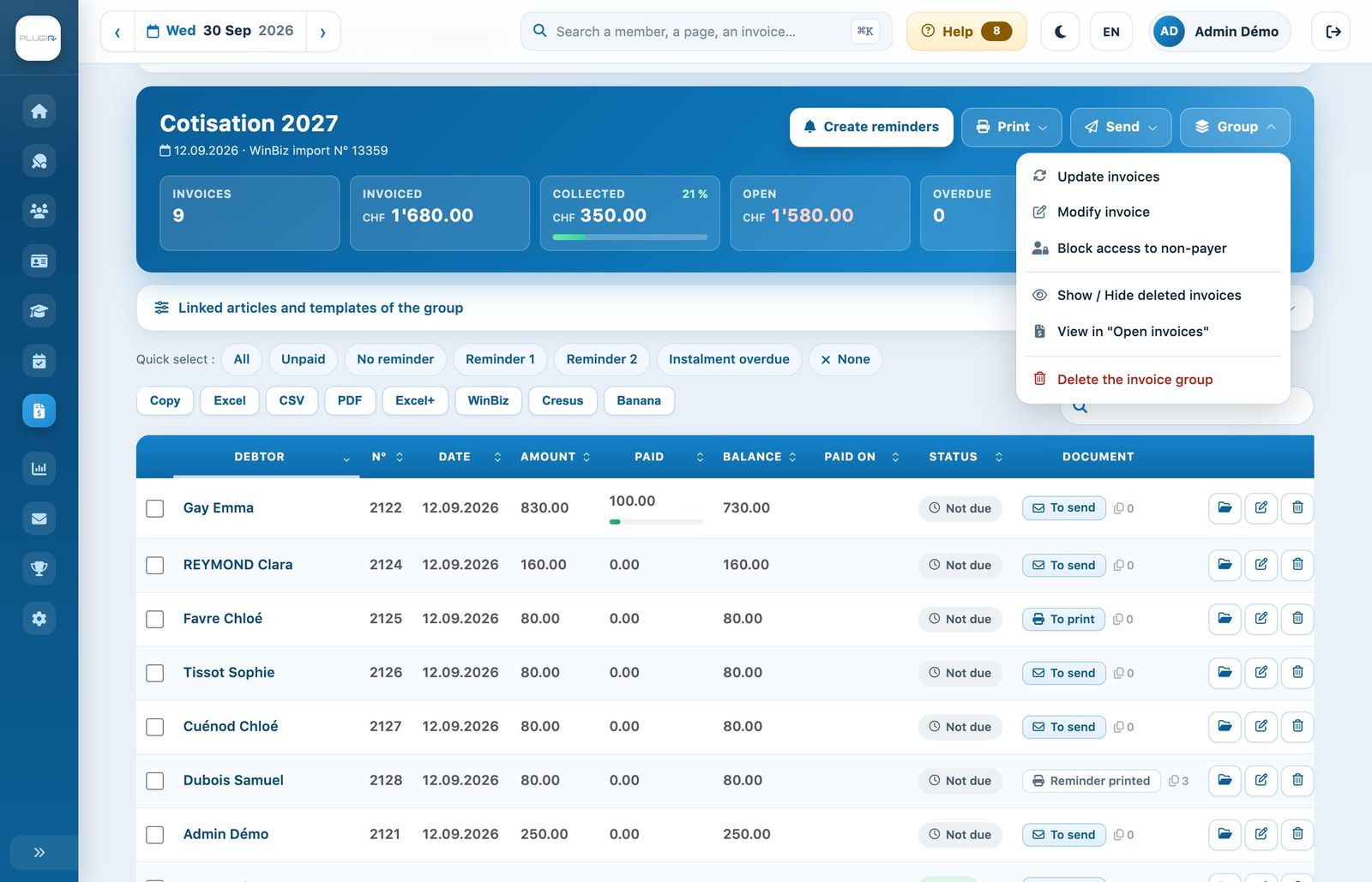 The “Group” menu: refresh, edit the group, block access for non-payers
