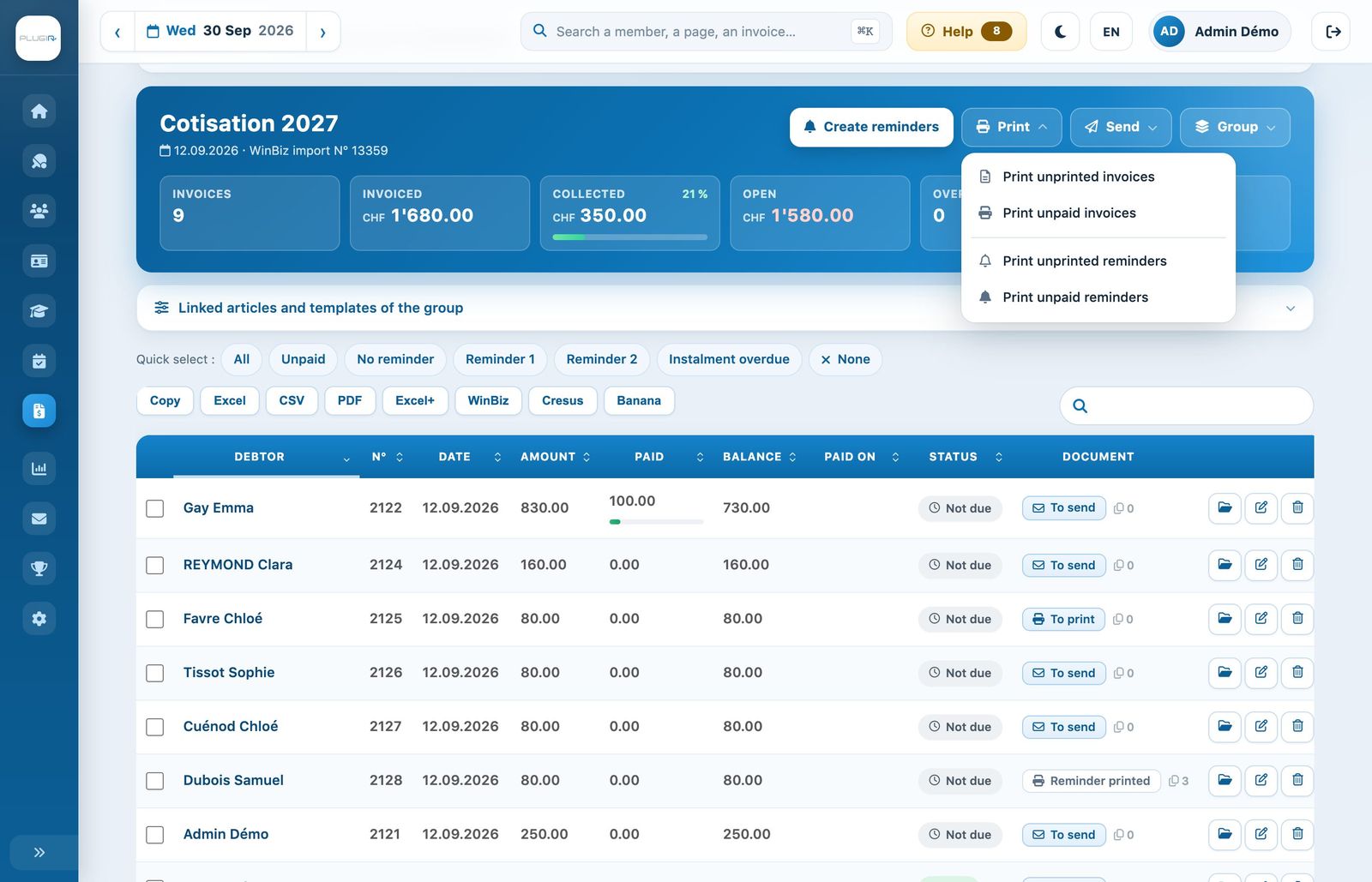 The “Print” menu of an invoice group
