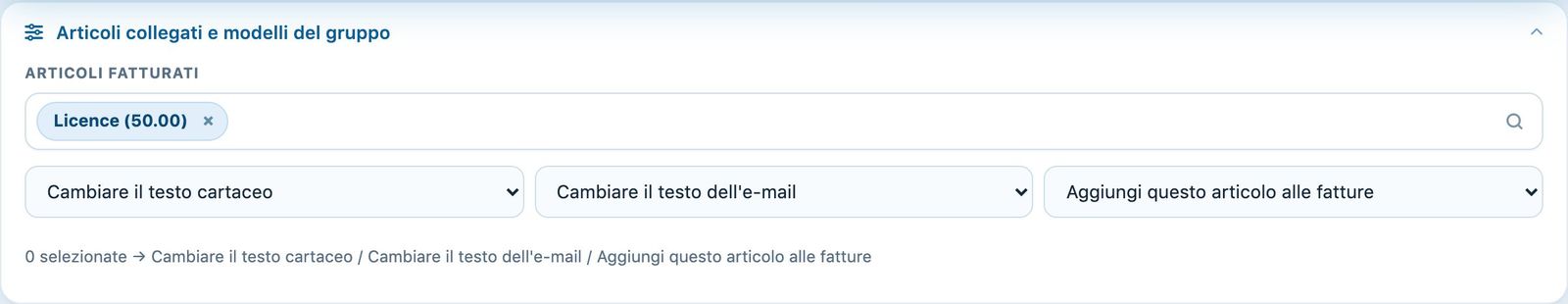 Il pannello «Articoli collegati e modelli del gruppo»