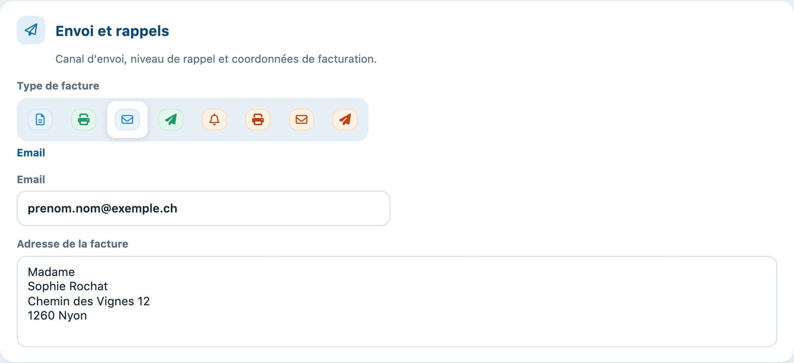 Le type de facture, l'adresse e-mail et l'adresse de facturation