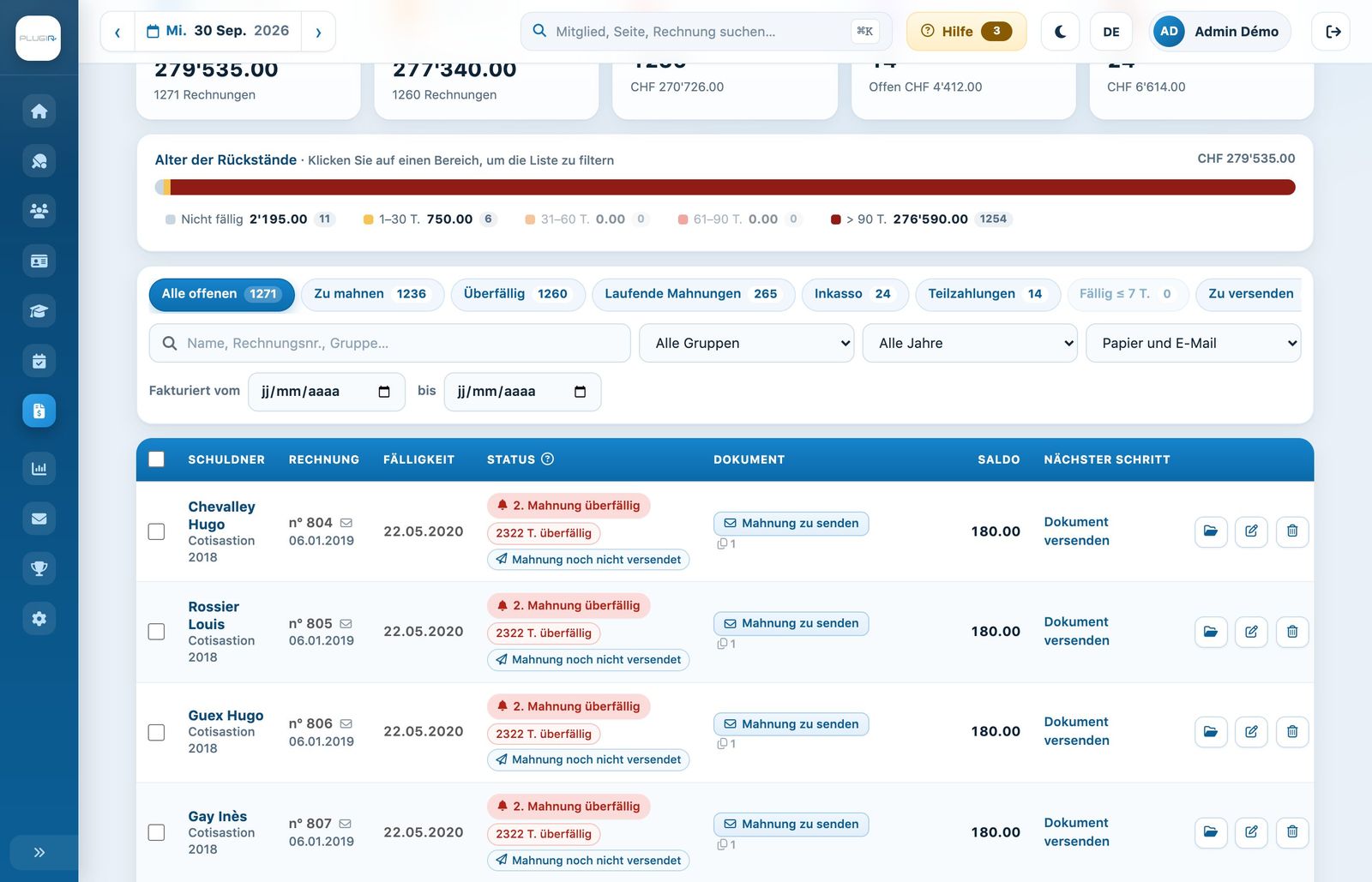 Die Filter und die Liste der offenen Rechnungen