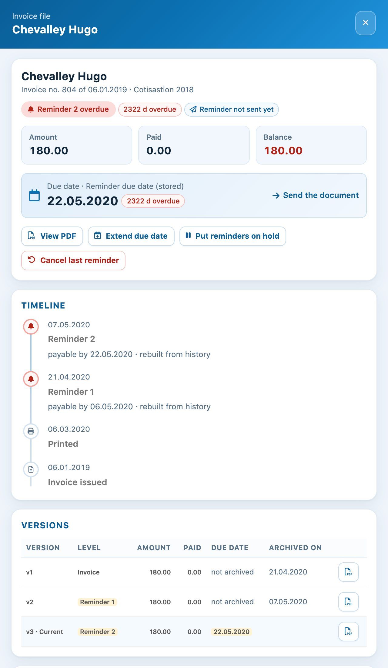 An invoice file: due date, actions and timeline