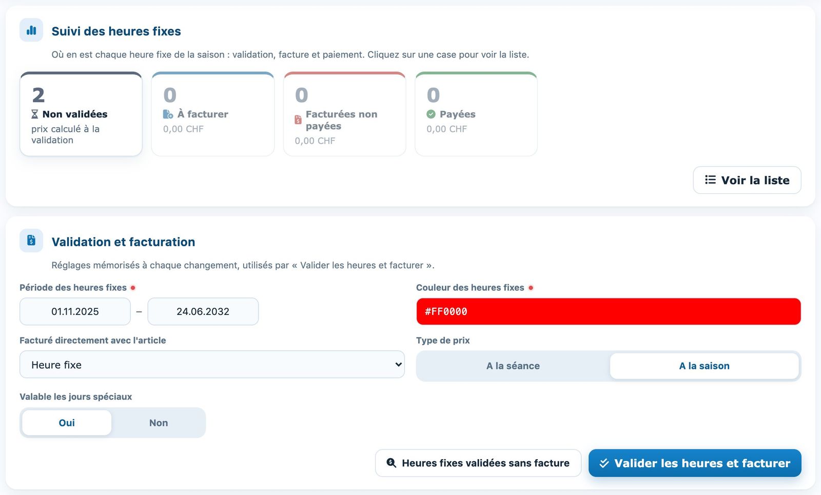 Suivi des heures fixes et réglages de validation