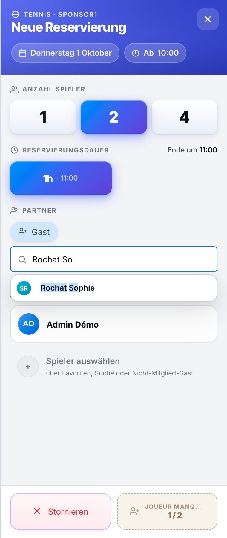 Das Seitenfenster Neue Reservierung: Wahl des Partners