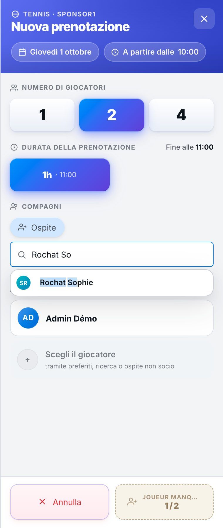 Il pannello Nuova prenotazione: scelta del compagno