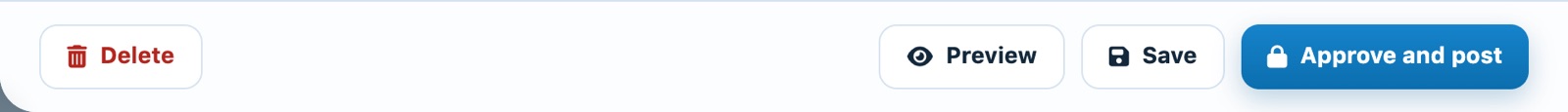 Buttons of a draft: Delete, Preview, Save, Approve and post