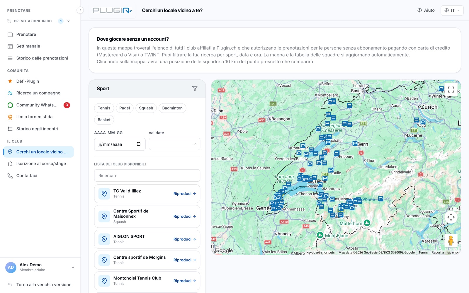 La mappa dei club Plugin.ch